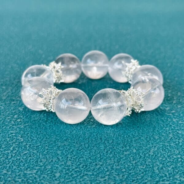 Madagascar Pink Crystal Bead Bracelet with Floral Silver Accents