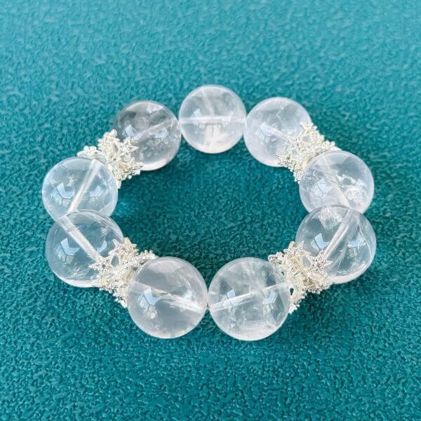 Madagascar Pink Crystal Bead Bracelet with Floral Silver Accents