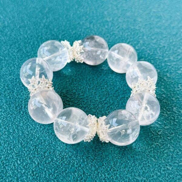 Madagascar Pink Crystal Bead Bracelet with Floral Silver Accents