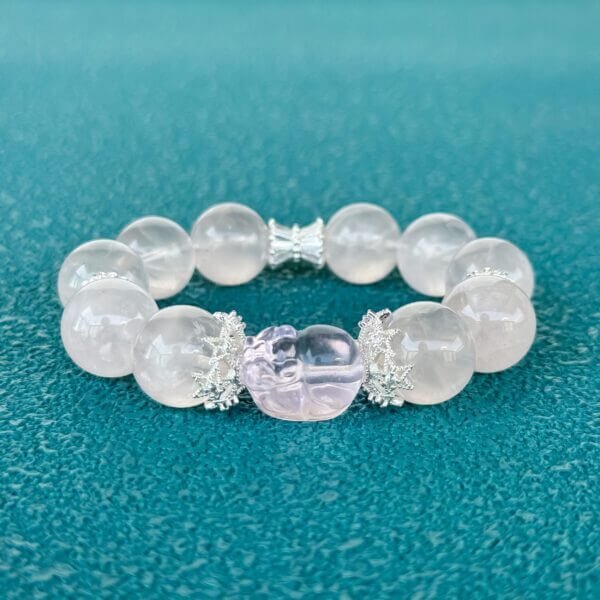 Pink Assai Crystal Bead Bracelet with Floral Silver Accents