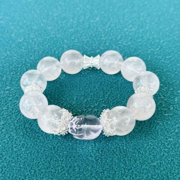 Pink Assai Crystal Bead Bracelet with Floral Silver Accents