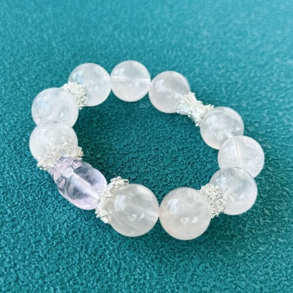 Pink Assai Crystal Bead Bracelet with Floral Silver Accents