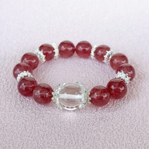 Handmade Strawberry Quartz Crystal Bead Bracelet with Silver Accents