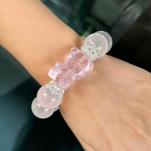 Madagascar Pink Crystal Bracelet with Bear Charm on Wrist